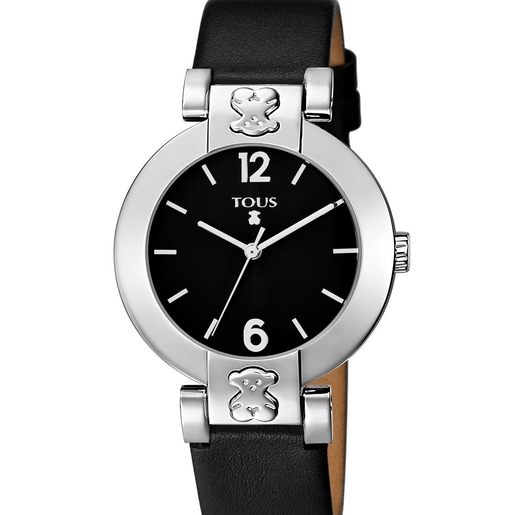 Steel Plate Round Watch with black Leather strap