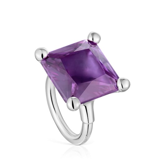 Anillo grande de plata y zafiro lila creado en laboratorio TOUS Color LGG