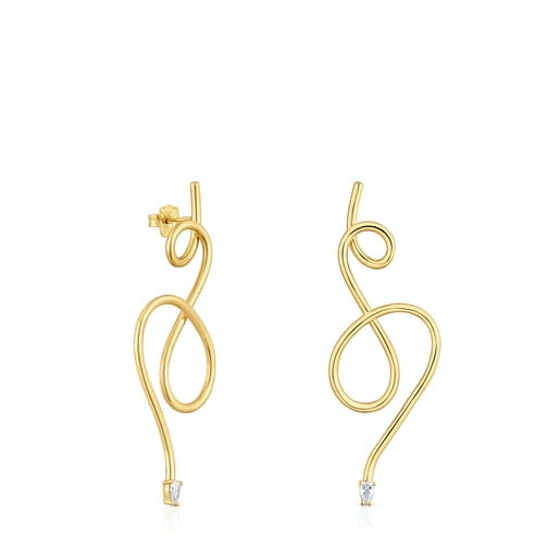 Aretes largos con baño de oro 18 kt sobre plata y diamantes creados en laboratorio Lio LGD