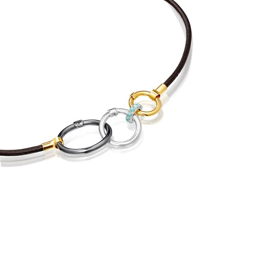 Hold Necklace in Silver Vermeil and brown Leather with rings