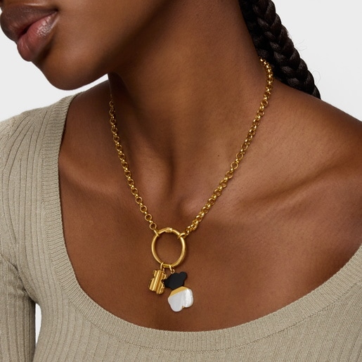 תליון Sweet Dolls בגודל 25 מ"מ מכסף בציפוי זהב 18 קראט עם אם הפנינה ואבן אוניקס