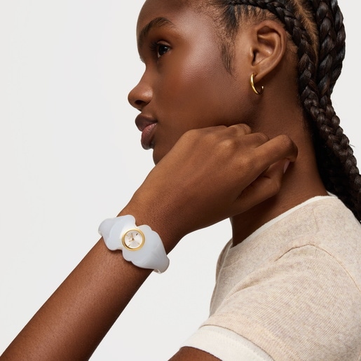 ساعة تناظرية ذهبية اللون من الصُلب ذات سوار باللون الأبيض من تشكيلة L Bear Folks