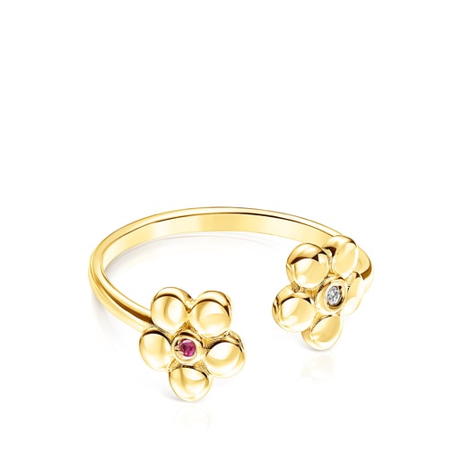 Gold Fragile Nature open Ring with Diamonds and Ruby