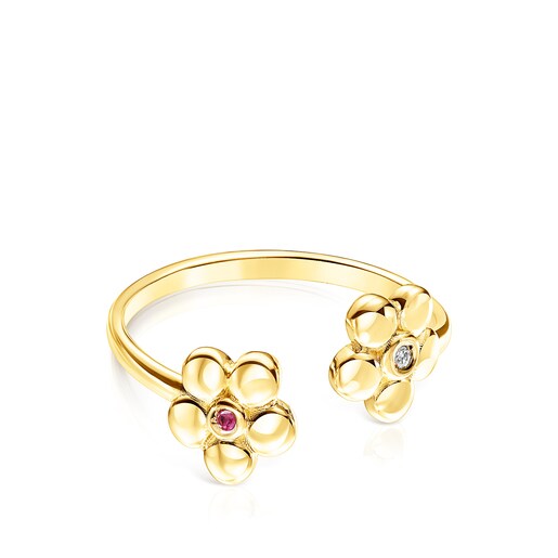 Offener Ring Fragile Nature aus Gold mit Diamanten und Rubin