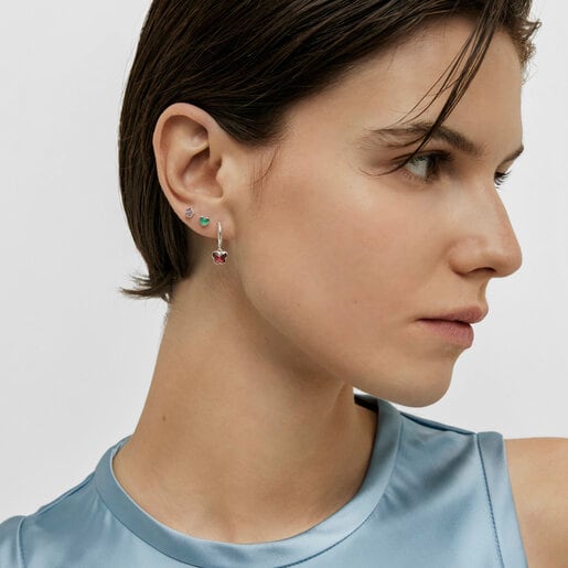 Silver Bold Motif Hoop earrings with a rhodolite butterfly