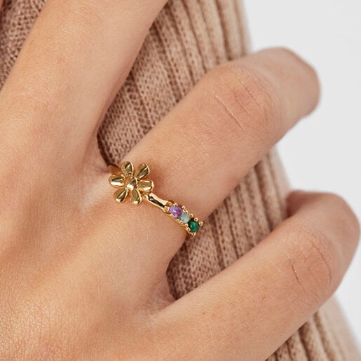 Silver Vermeil Fragile Nature flower Ring with Gemstones | TOUS