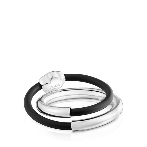 Anillo doble flor de plata y caucho Bold Motif