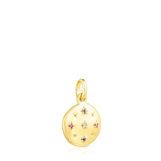 Pendente a disco piccolo Magic Nature con placcatura in oro 18 kt su argento e gemme