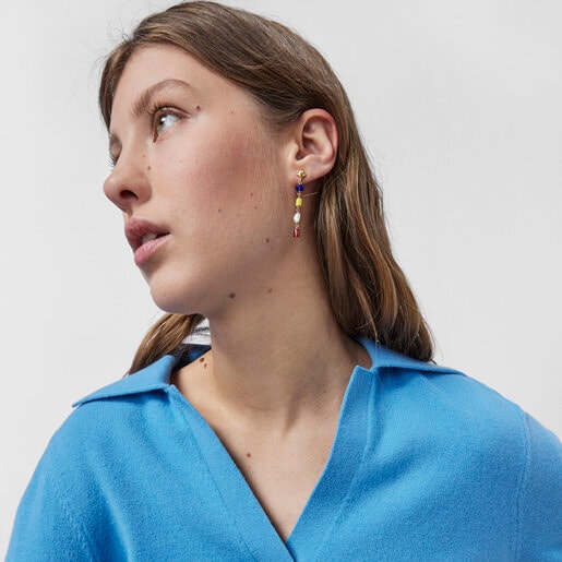 Long silver vermeil Oceaan Earrings with multicolored glass