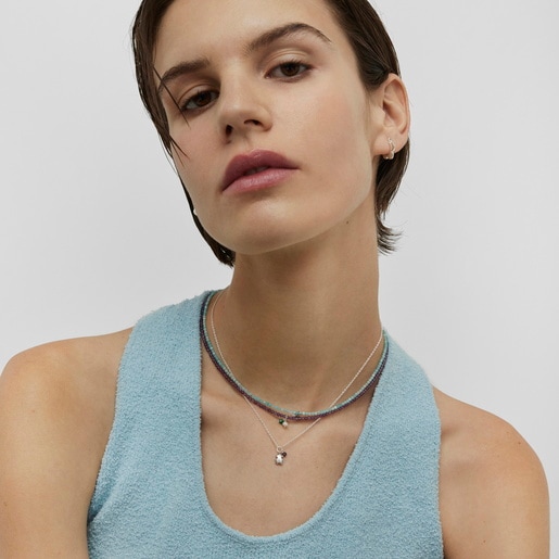 Silver Bold Motif Necklace with an amethyst bear