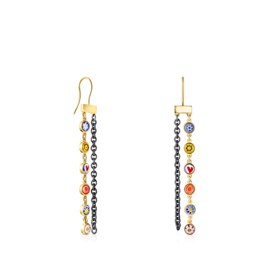 Long Minifiore Earrings in Silver Vermeil, Dark Silver and Murano Glass