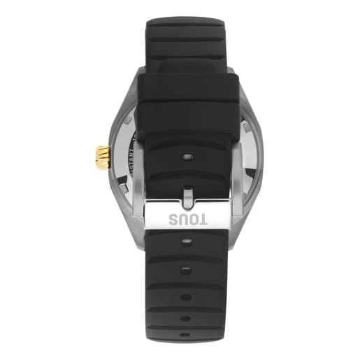 Reloj analógico automático con caja de acero IPG dorado y brazalete de silicona negra TOUS Now