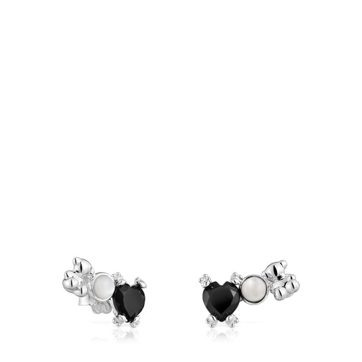 Silver Color Pills Climber earrings with bear and with onyx and mother-of-pearl