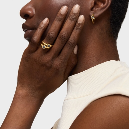 Wide ring with 18kt gold plating over silver and black spinel TOUS Line