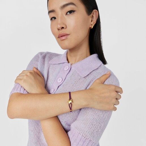 ゴールドコーティング シルバーのスターが付いたライラックカラーの伸縮性ブレスレット Sweet Dolls