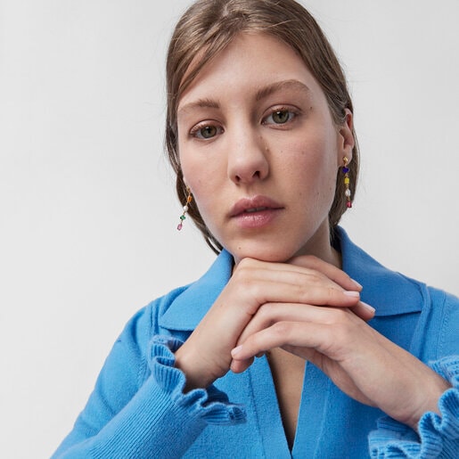 Long silver vermeil Oceaan Earrings with multicolored glass