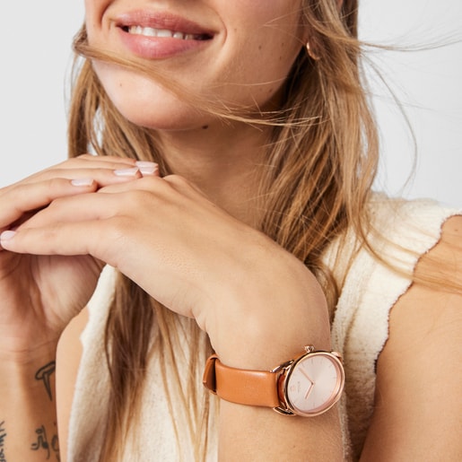 Стальные часы Dai с розовым ионным напылением и коричневым кожаным ремешком