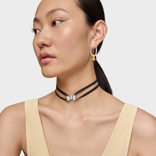 שרשרת קולר TOUS Ribbon דמוית זמש בשילוב פפיון בגודל 25 מ"מ מכסף