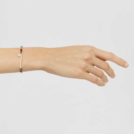 Pulsera elástica con gemas, perlas cultivadas y motivo oso de plata Bold Motif