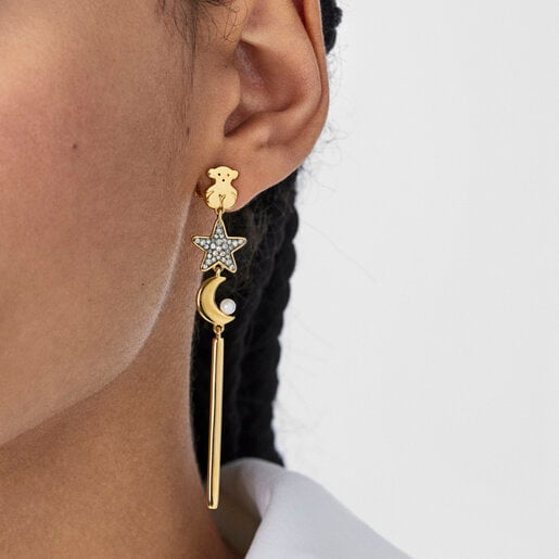 Aros largos Nocturne con baño de oro 18 kt sobre plata, Diamantes y Perla