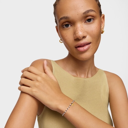 Pulsera elástica con calcedónia, espinelas y corazón con baño de oro 18 kt sobre plata TOUS Motivos