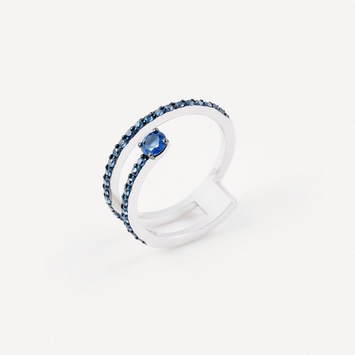 Anell doble dor blanc amb safir blau talla brillant TOUS ATELIER