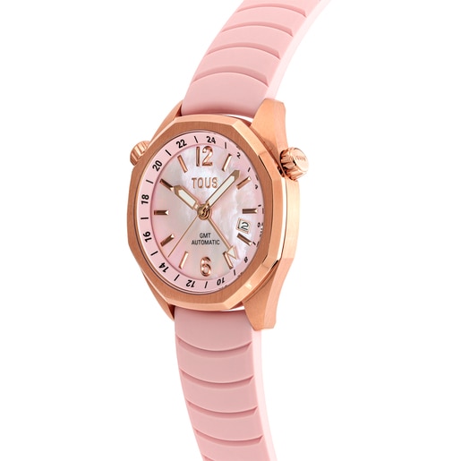 gmt automatic Watch with pink silicone strap, rose-colored IPRG steel case and mother-of-pearl face TOUS Now