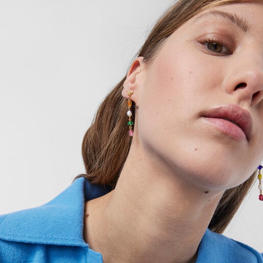Long silver vermeil Oceaan Earrings with multicolored glass | TOUS