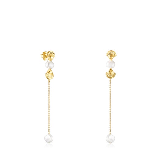 Pendientes largos conchas de oro y perlas Oceaan