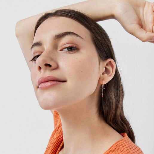 Rose Vermeil Silver TOUS Motif Earrings with Spinel and Ruby and Cross motif