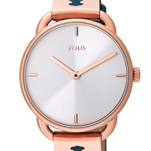 Часы Let из стали c розовым ионным напылением и голубым кожаным ремешком