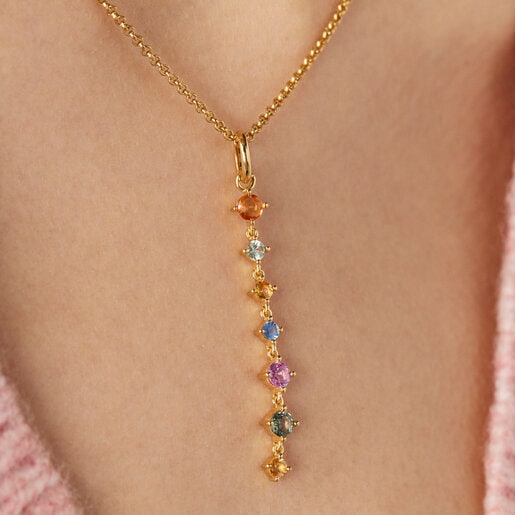 Long Silver Vermeil Glaring Pendant with multicolored Sapphires