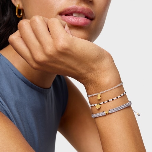 Pulsera elástica con labradorita gris y oso con baño de oro 18 kt sobre plata TOUS Motivos
