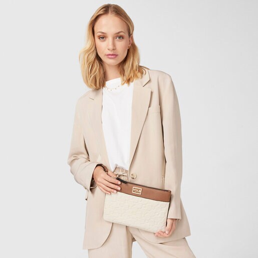 Beige and brown Leather T Script Clutch bag