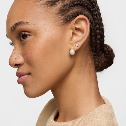 Gold bear-motif Earrings with cultured pearl Sweet Dolls