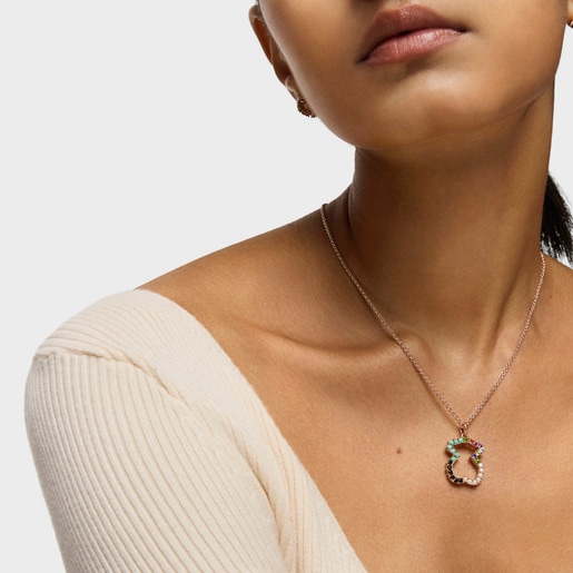 Straight bear Pendant in Rose Silver Vermeil with Gemstones