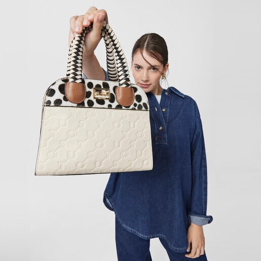 Bolso city pequeño de piel beige TOUS Script Premium