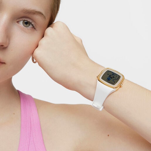 Digitaluhr TOUS B-Time mit Armband aus weißem Silikon und goldfarbenem IPG-Stahlgehäuse