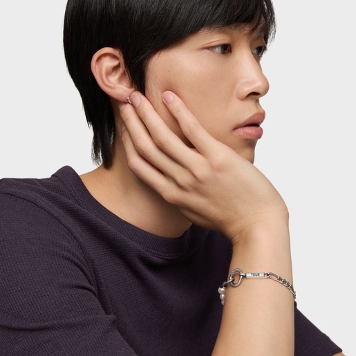 Silver curb chain Bracelet with cultured pearls Hold Man