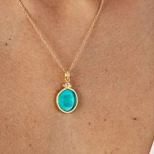 Collar camafeo con baño de oro 18 kt sobre plata y glass verde Oceaan Color