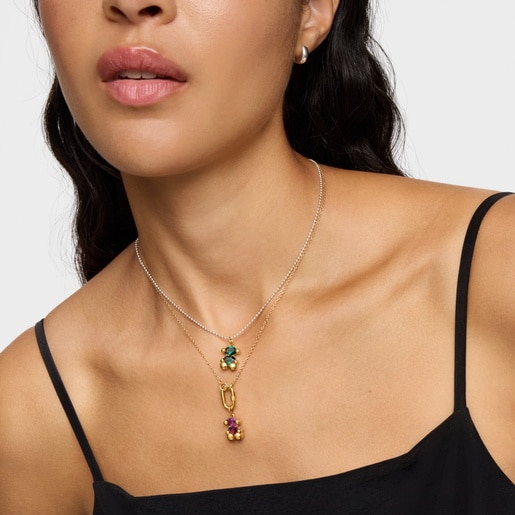 18ktゴールドコーティング・シルバーとラボグロウングリーンスピネルのベアモチーフを組み合わせたスモールペンダントトップColor Bear LGG