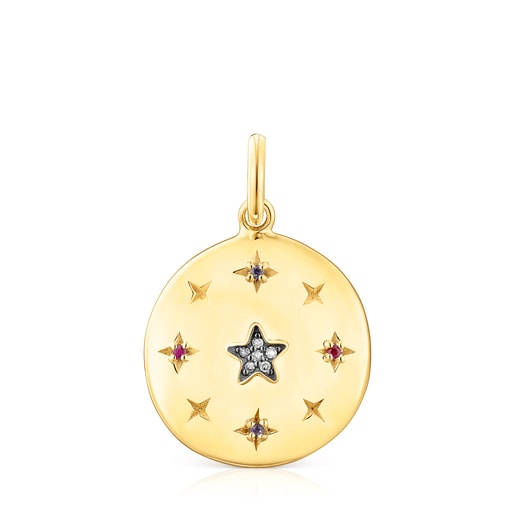 Large silver vermeil Magic Nature disc Pendant with gemstones and diamonds  | TOUS