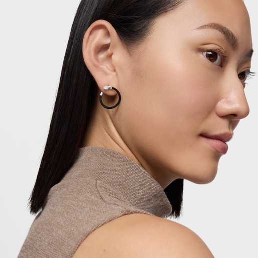 Platinum, black steel and lab-grown diamonds Hoop earrings TOUS Mesh LGD