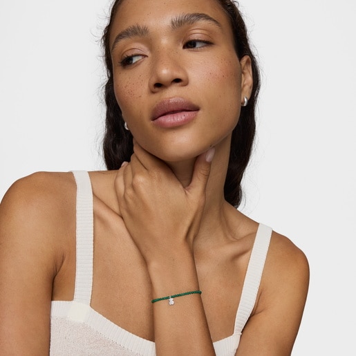 Elastic Bracelet with green chalcedony and silver bear TOUS Motifs