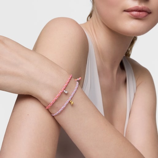 Pulsera oso con baño de oro 18 kt sobre plata y nylon rosa/blanco TOUS Motivos