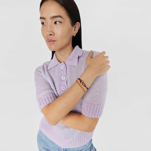 ゴールドコーティング シルバーのスターが付いたライラックカラーの伸縮性ブレスレット Sweet Dolls