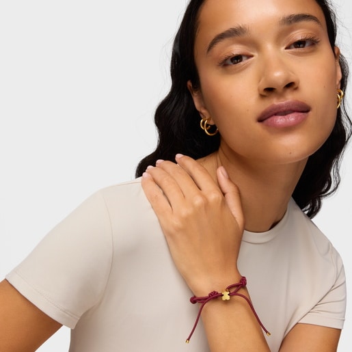 Burgundy-colored elastic Bracelet and bear with 18kt gold plating over silver Sweet Dolls