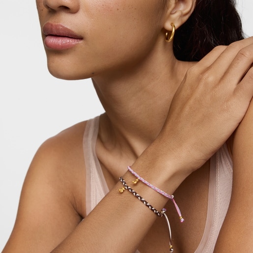 Pulsera oso con baño de oro 18 kt sobre plata y nylon marrón TOUS Motivos