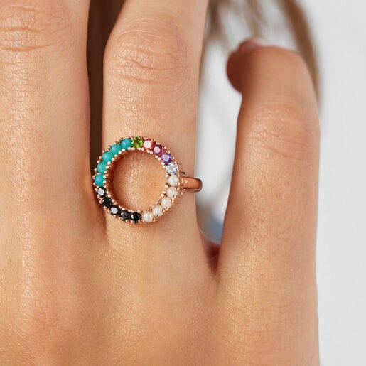 TOUS Straight disc Ring in Rose Silver Vermeil with muticolor Gemstones