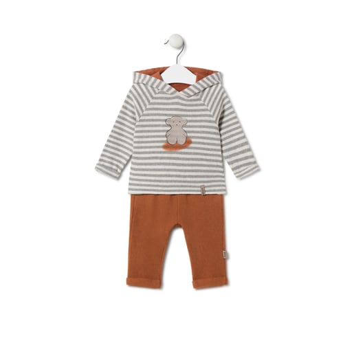 Boys outfit in striped fabric with bear in Grey unique